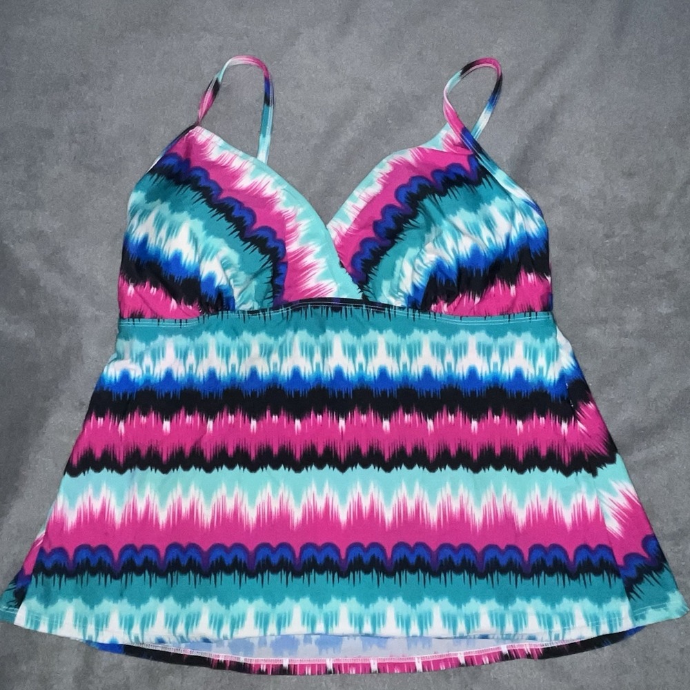 Catalina Womens Size 1X (16W) Tankini Swim Top Pink Blue Teal Tie Dyed